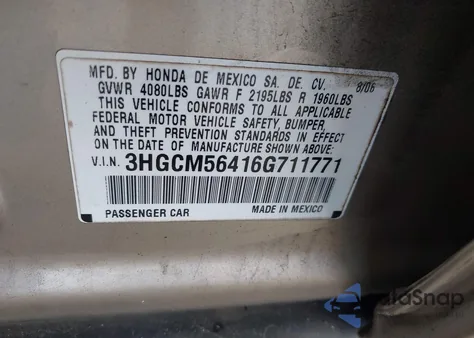 2006 Honda Accord Lx from USA, damaged, VIN 3HGCM56416G711771